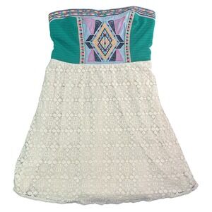 Flying Tomato Strapless Teal Embroidered Lace Mini Dress Smocked Back Cream Lg